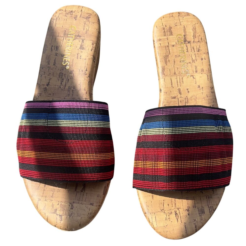Catherines Multicolored Striped Slide Sandal Cork Wedge 3" Heel 8W Elastic Band